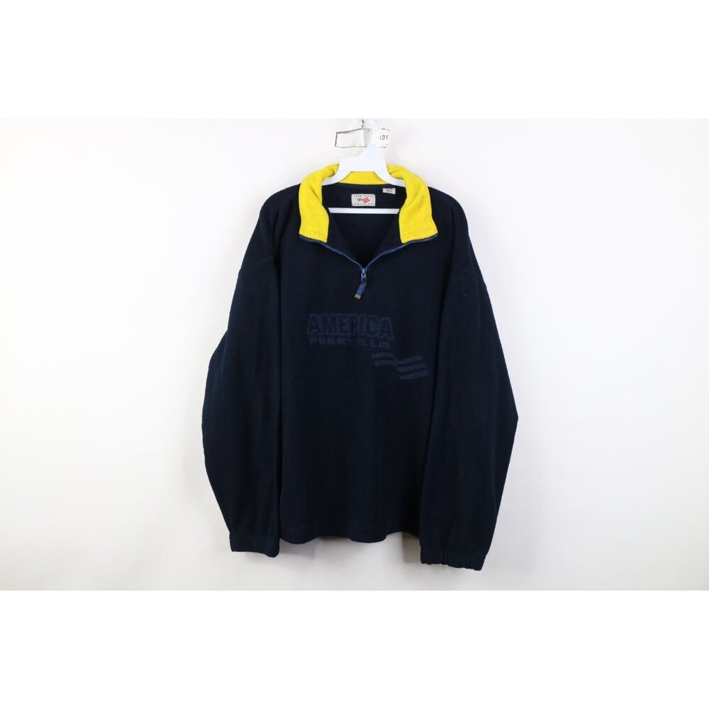 Vintage 90s Perry Ellis Mens Large Spell Out Flag 1/4 Half Zip Fleece Sweater - Picture 1 of 14